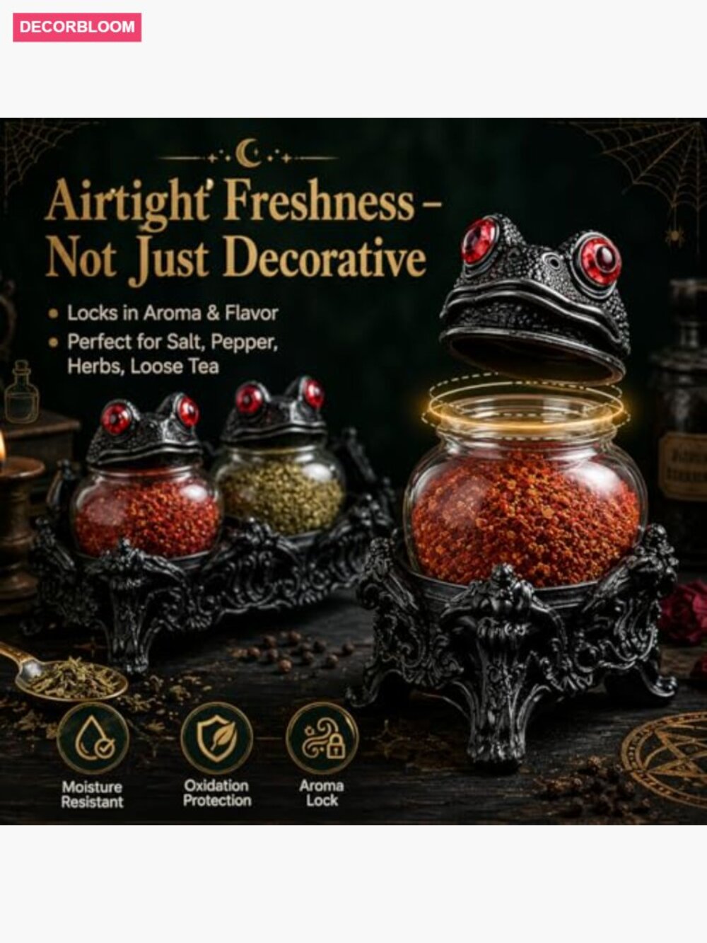 Gothic Spice Jars Set with Frog Lids & Stand - Picture 3 of 7